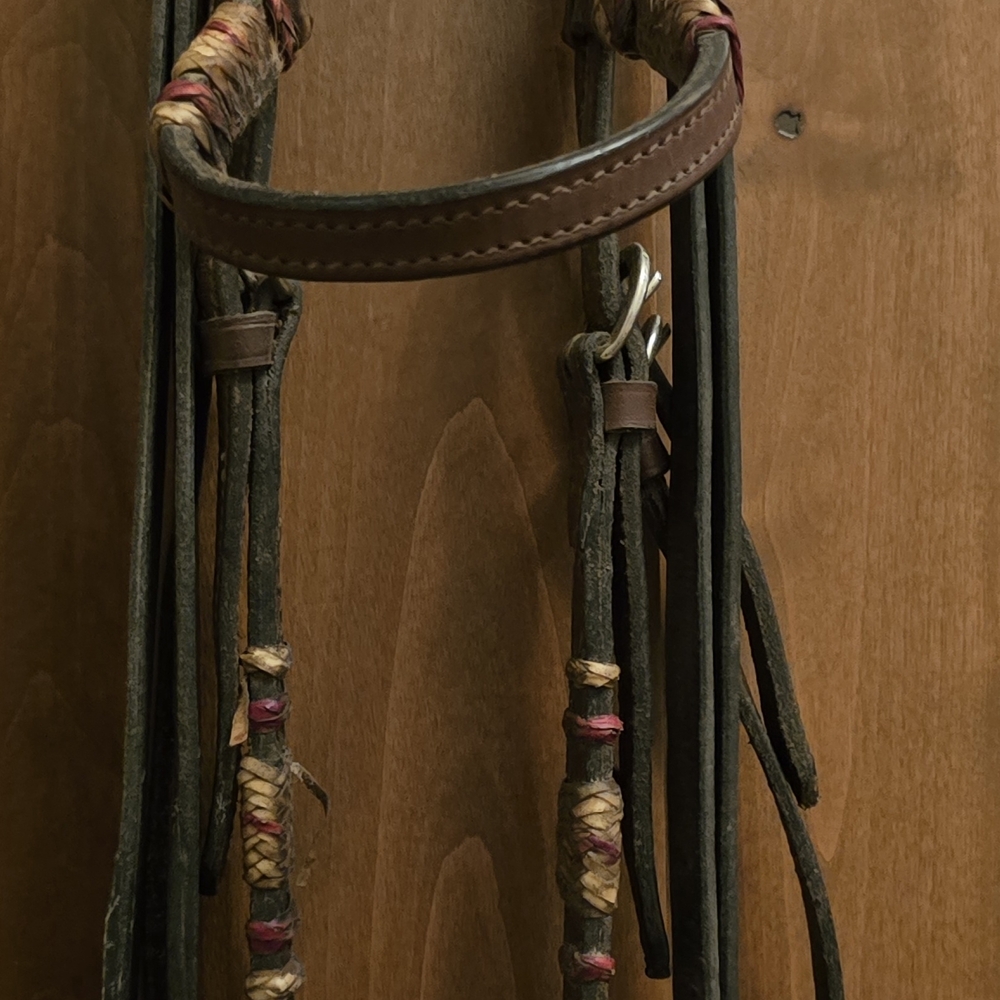 Brown Leather Horse Bridle With Rawhide Accents,with Matching Reins.